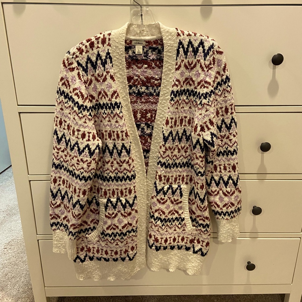 LL Bean Cotton Ragg Fair Isle Open Cardigan—like new!